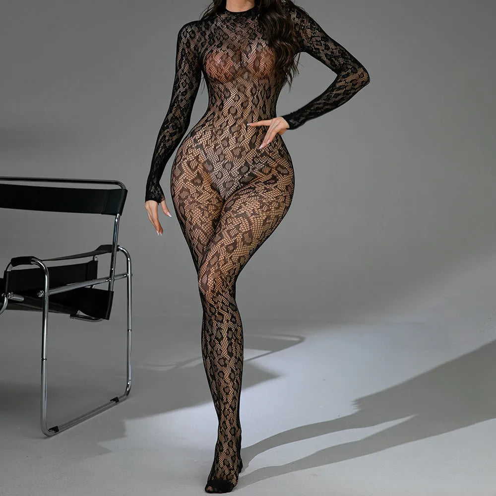 Sexy lingerie fishnet one-piece long sleeves backless jacquard bodysuit in black nylon free size women clubwear