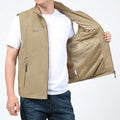Man wearing a striped khaki casual hooded vest with multiple patch pockets on the front.