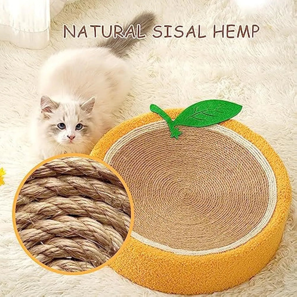 Yellow round sisal cat scratching board with integrated bed for small cat breeds