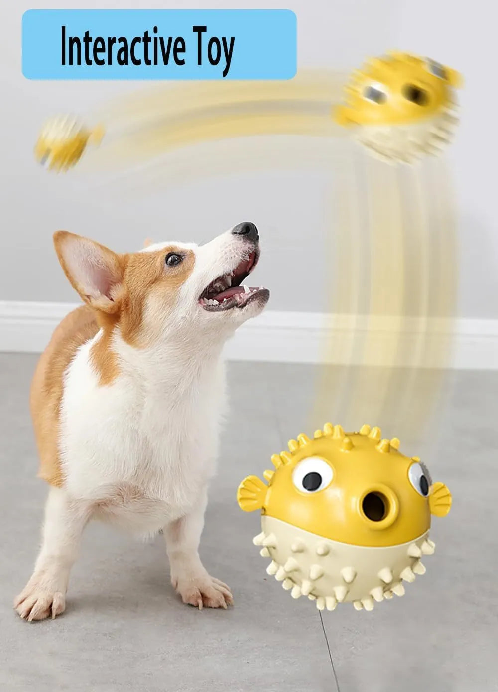 Interactive dog chew toy with fish shape design, available in green, red and yellow colours