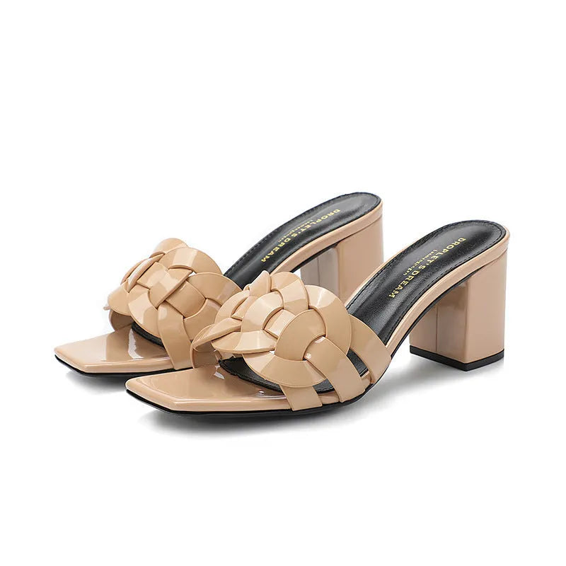 Handmade woven chunky heel slippers with patent leather upper, sheepskin lining, fish mouth open toe, rubber sole in apricot