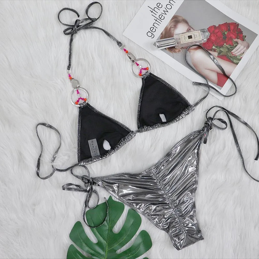 Women's silver solid colour split bikini swimsuit set on female model