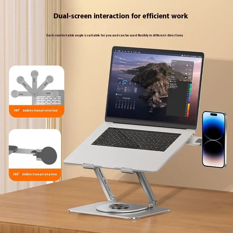 Silver carbon steel laptop stand with rotating magnetic phone holder supporting 17-inch laptop
