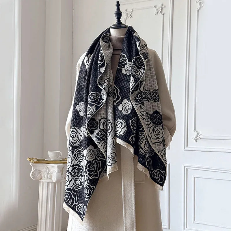 Thick imitation cashmere scarf with tassel trim, 185x65cm, in grey, black, blue, and khaki colours