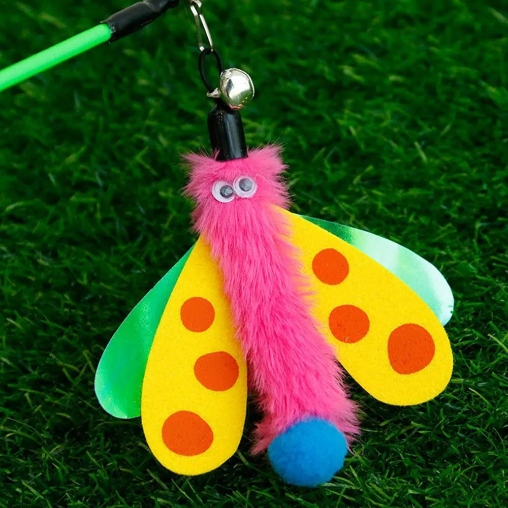 Cat wand toy with 49cm ABS stick, colourful dragonfly lure, and small bell for indoor cat interactive play