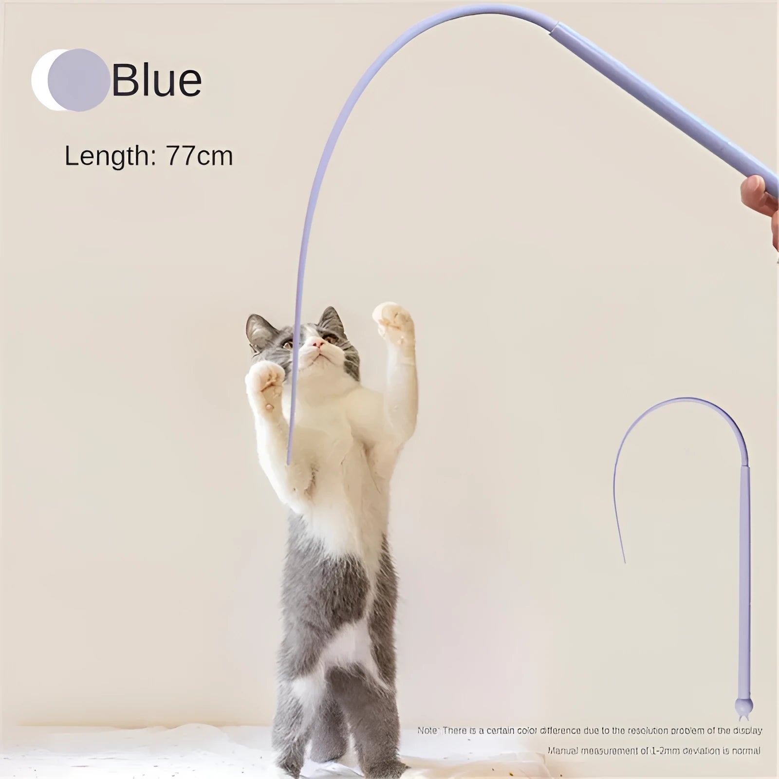 Blue simulated mouse tail cat teaser toy with long silicone tail and ABS handle on a white background.