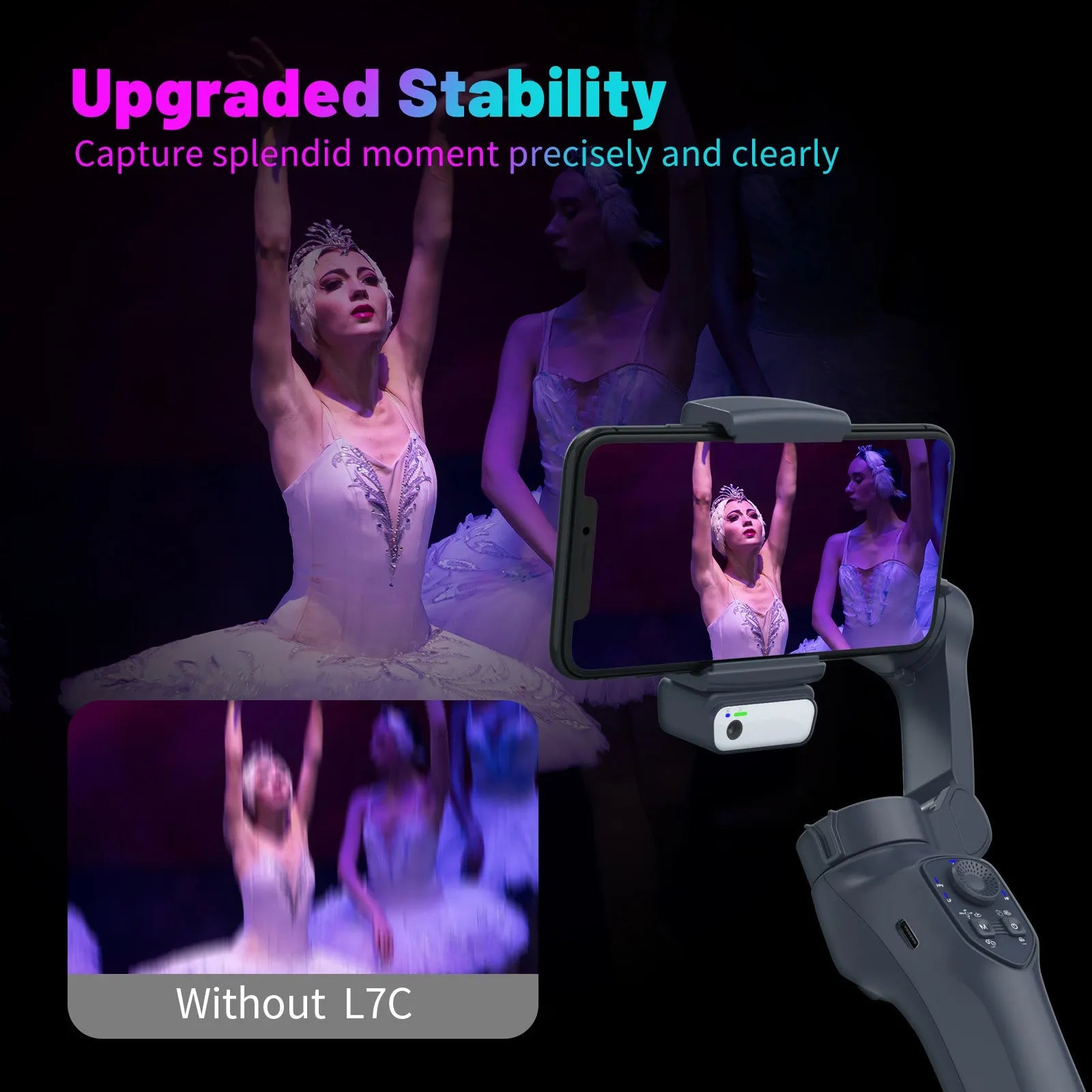 Foldable handheld smartphone stabilizer gimbal in gun colour with USB charging port
