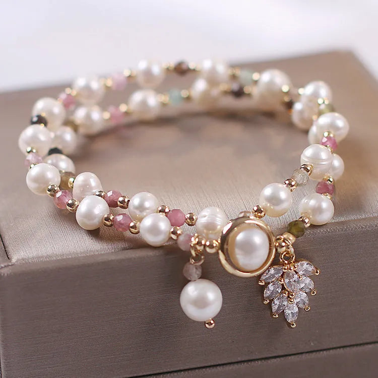 Women's double layer strawberry quartz bracelet with Lucky Cat charm in Red Cat's Eye Flowers colour