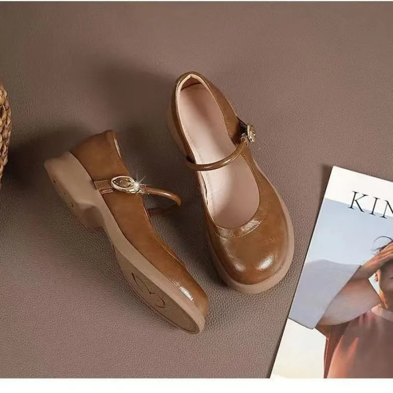 Flat fairy style leather shoes with skull pattern, wedge heel, round head, in beige black light brown