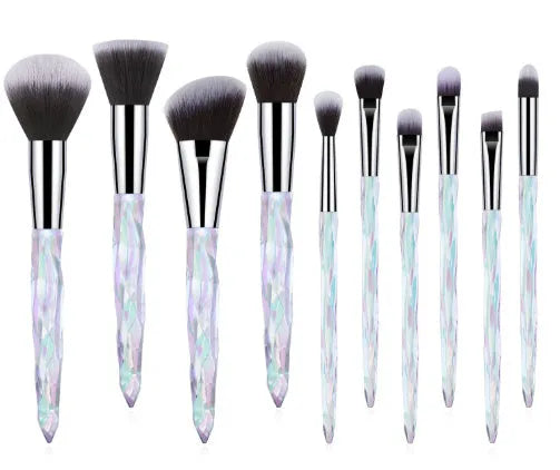 10 crystal-handled foundation brushes with artificial fibre bristles in four colour variations