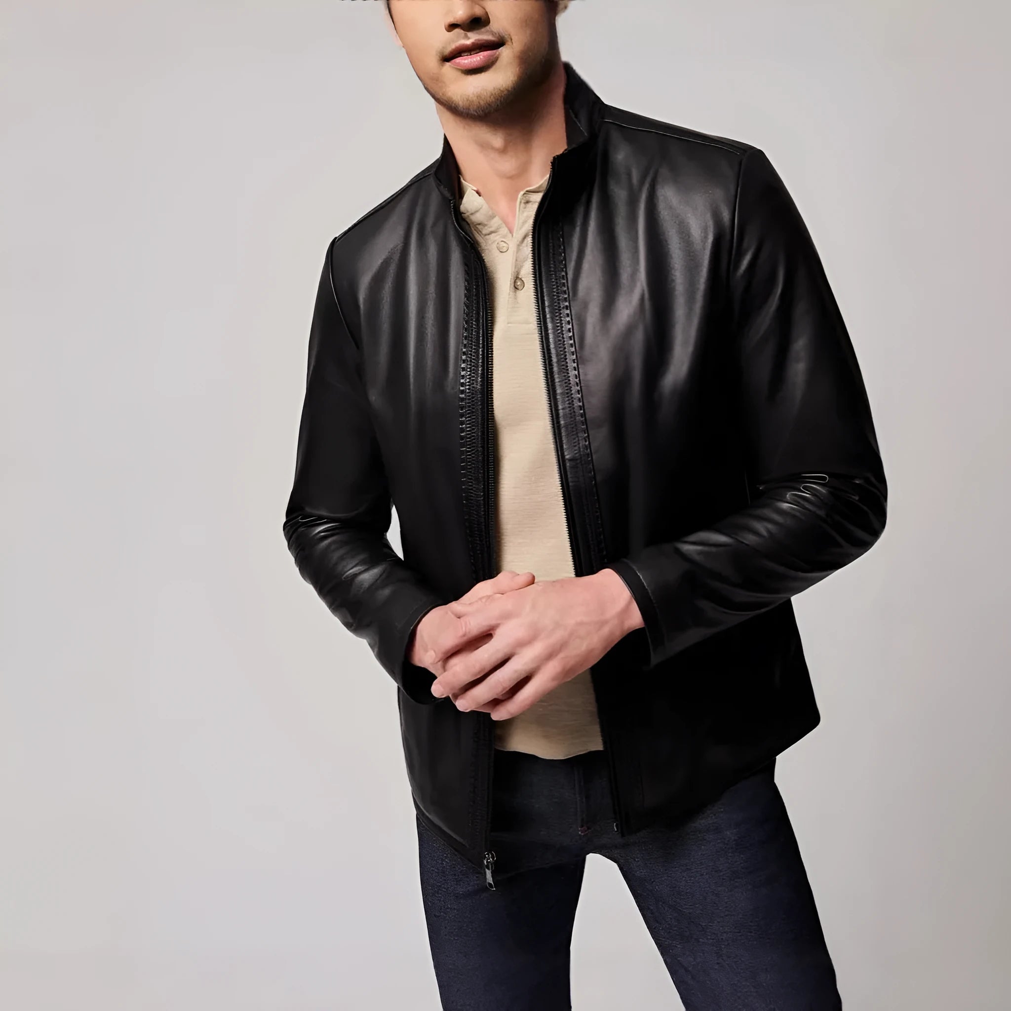Men's black retro polyester leather jacket with regular fit, long sleeves, and straight hem