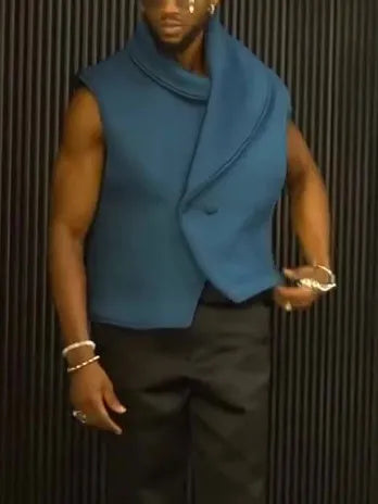 Men's plain polyester irregular collar vest in regular fit, available in sizes S to 2XL
