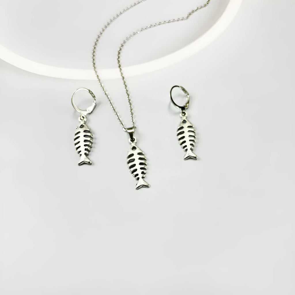 Fishbone motif alloy necklace and matching earrings set on adjustable O-shaped chain