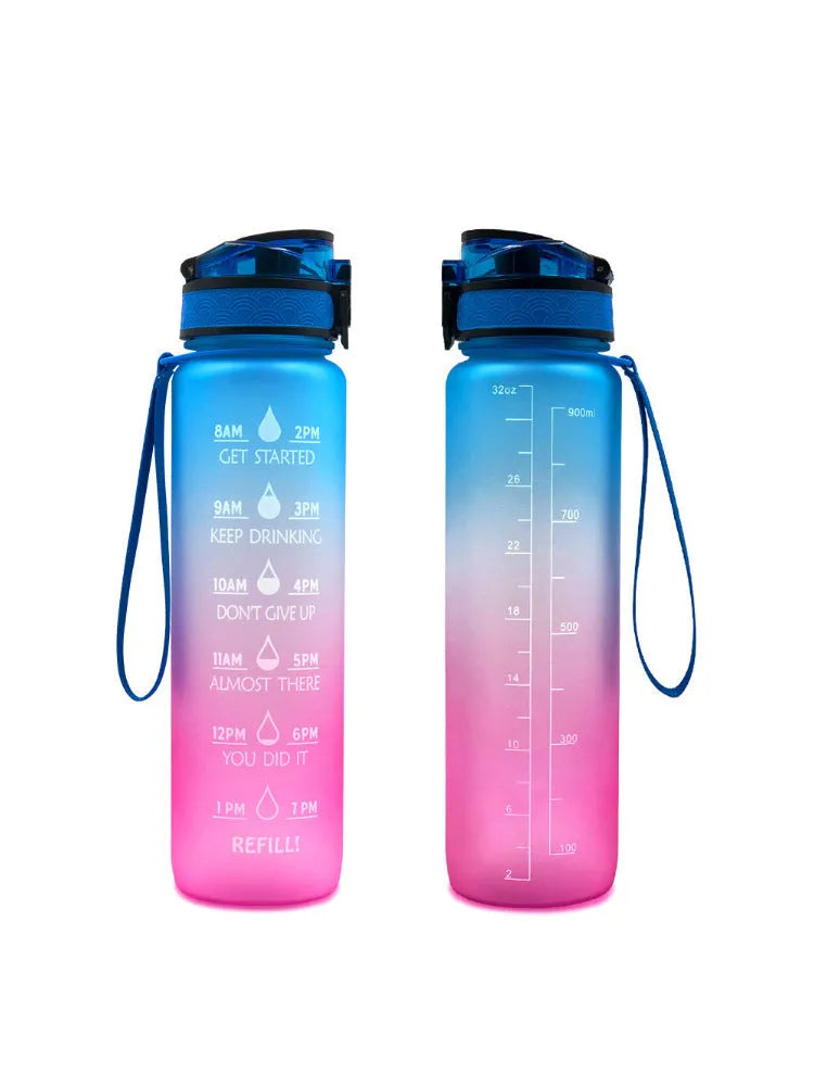 Transparent 1000ml BPA-free Tritan plastic sports bottle with kawaii design, clear body, and cap