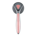 Grey self-cleaning slicker brush for grooming cats and dogs, showing comfort-grip handle and bristles.