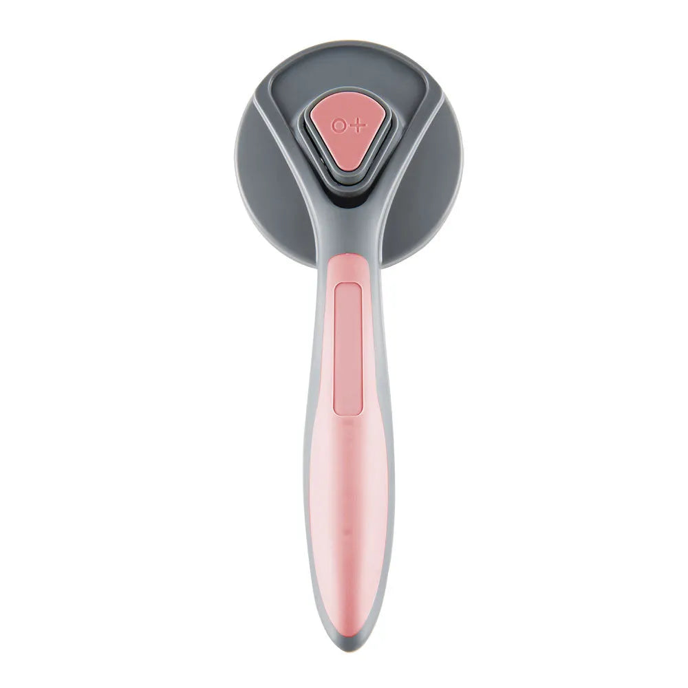 Grey self-cleaning slicker brush for grooming cats and dogs, showing comfort-grip handle and bristles.