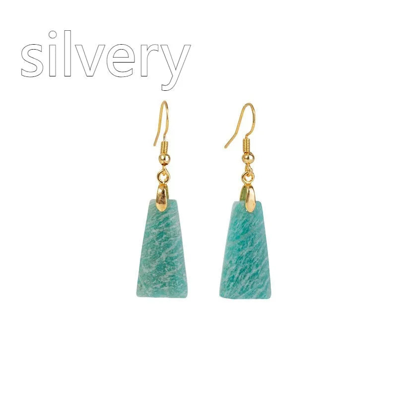 Amazonite rough stone trapezoid cut earrings with geometric design in gold setting