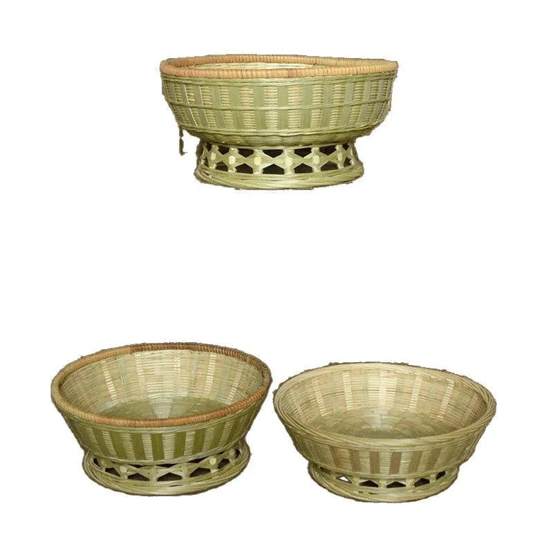 Handmade natural bamboo storage basket shown in one of three available sizes.