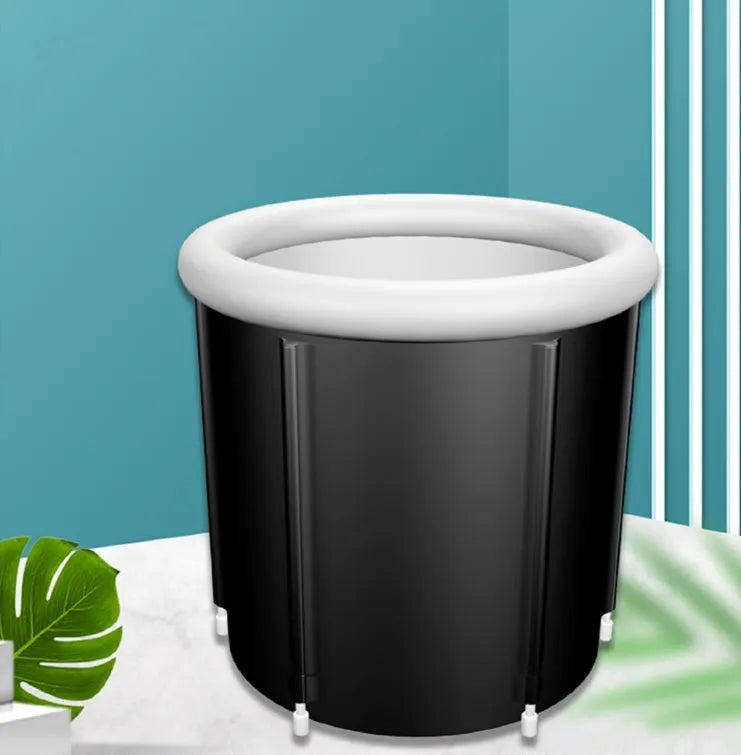 Portable inflatable ice bath in black, size 70x80cm, with weather lid, for outdoor recovery therapy