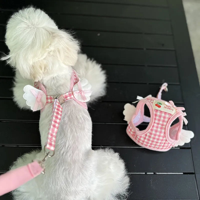 Pink and black cotton harness for small dogs with chest and back support and attached hand-holding rope