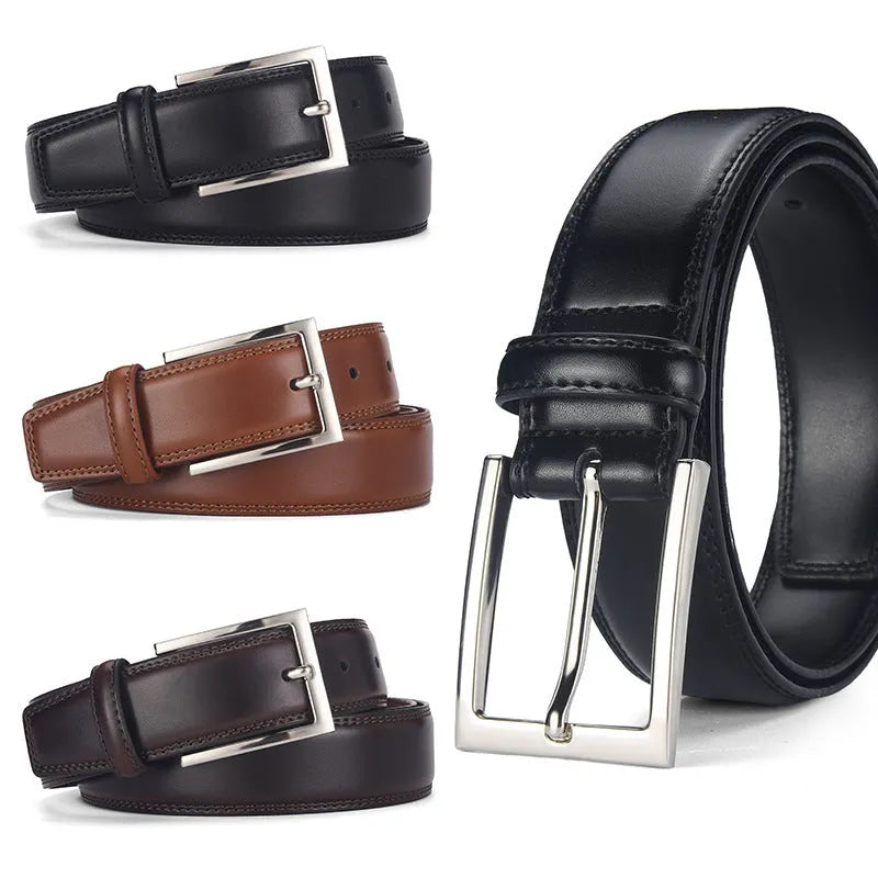 Men's black genuine leather belt with silver alloy pin buckle, showing adjustment holes and patent leather finish.