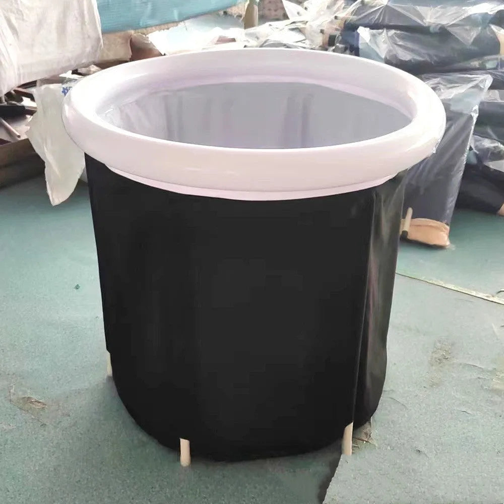 Portable inflatable ice bath in black, size 70x80cm, with weather lid, for outdoor recovery therapy