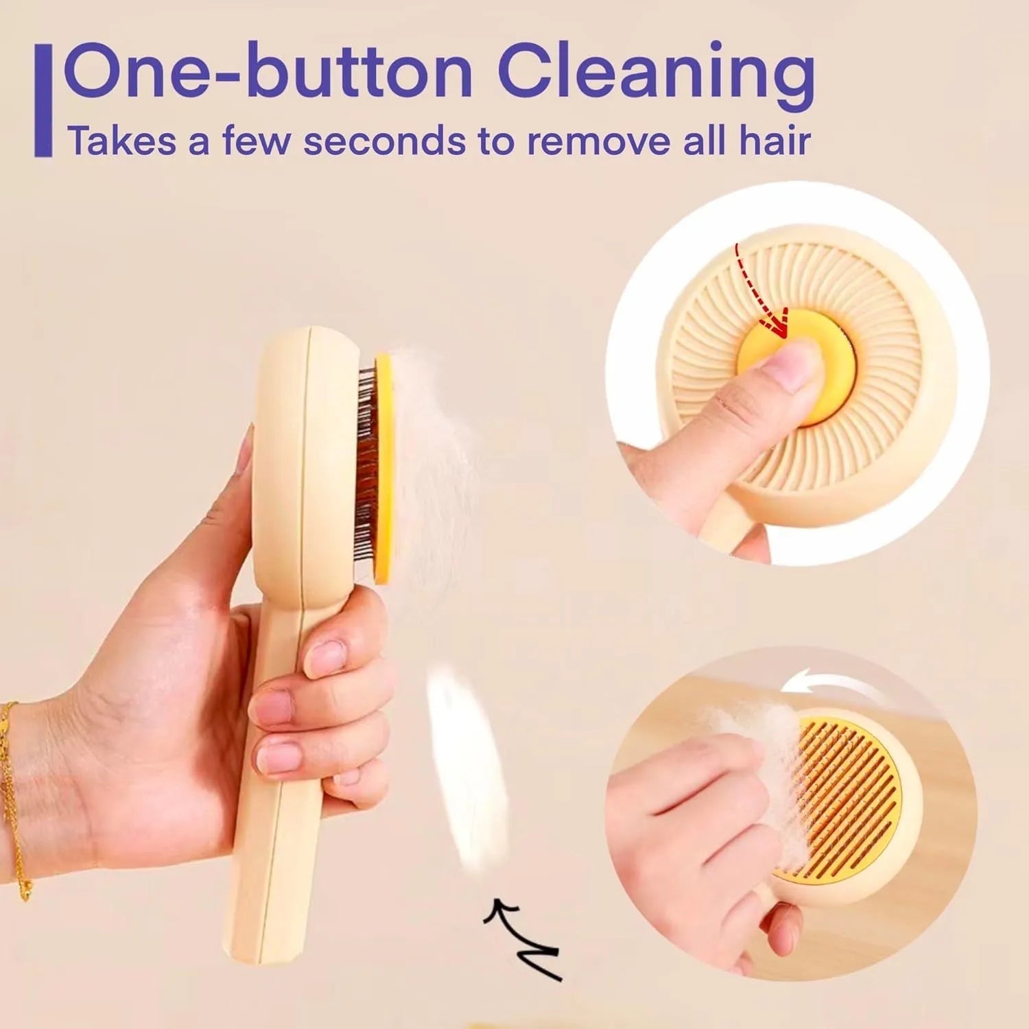 Blue and yellow pet grooming brush with self-cleaning button and angled needles