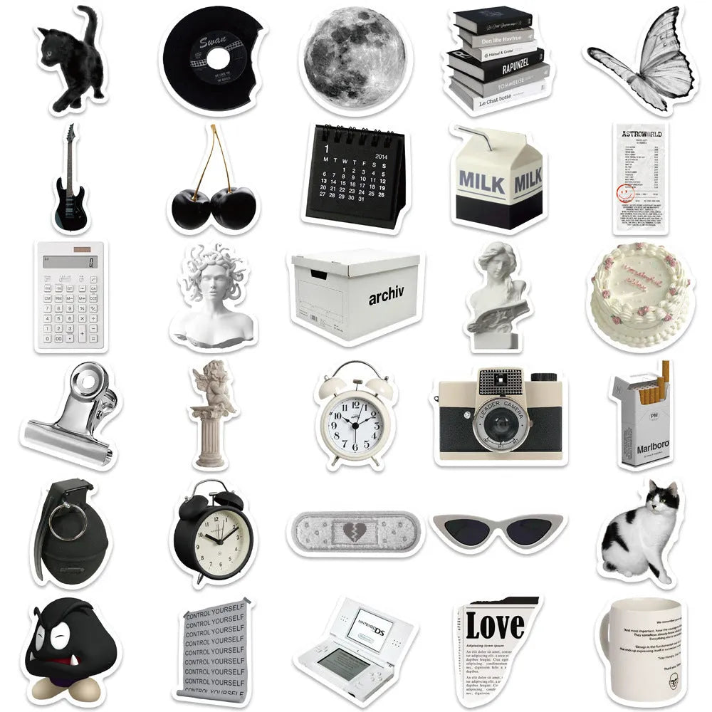 A pack of 61 black and white simple design waterproof PVC stickers for laptops and personal items.