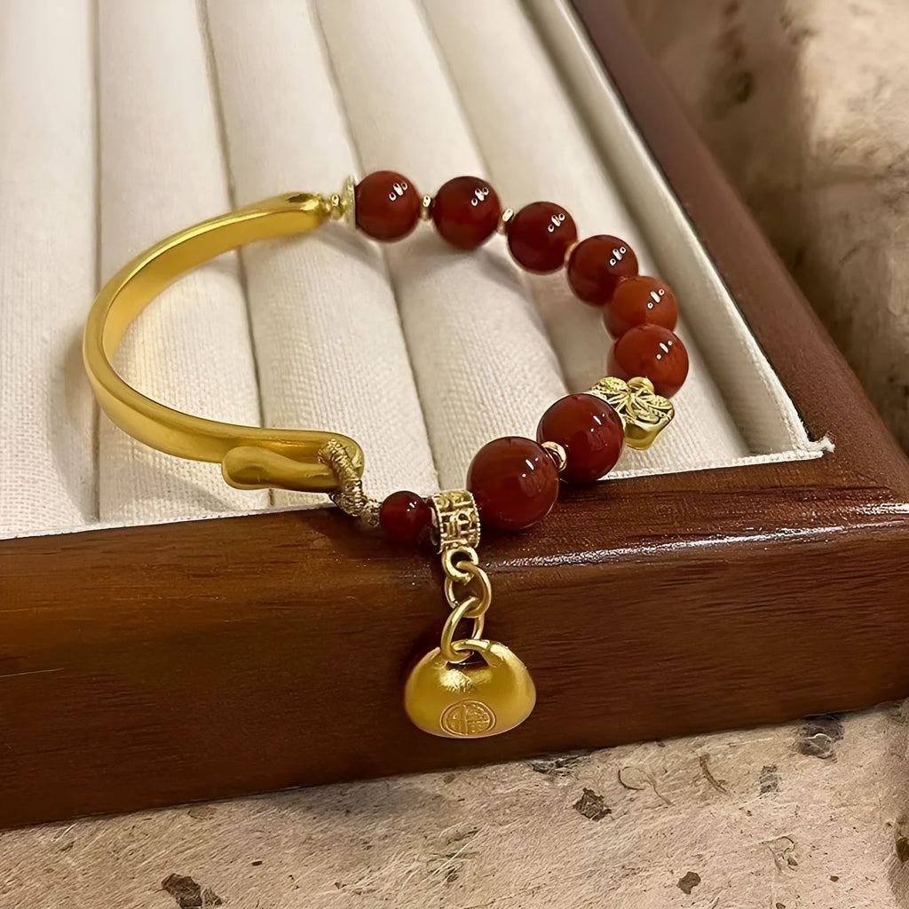 Southern Red Agate Character Ingot Bracelet women's antique style golden South red lucky bag half bracelet handmade glass coloured glaze