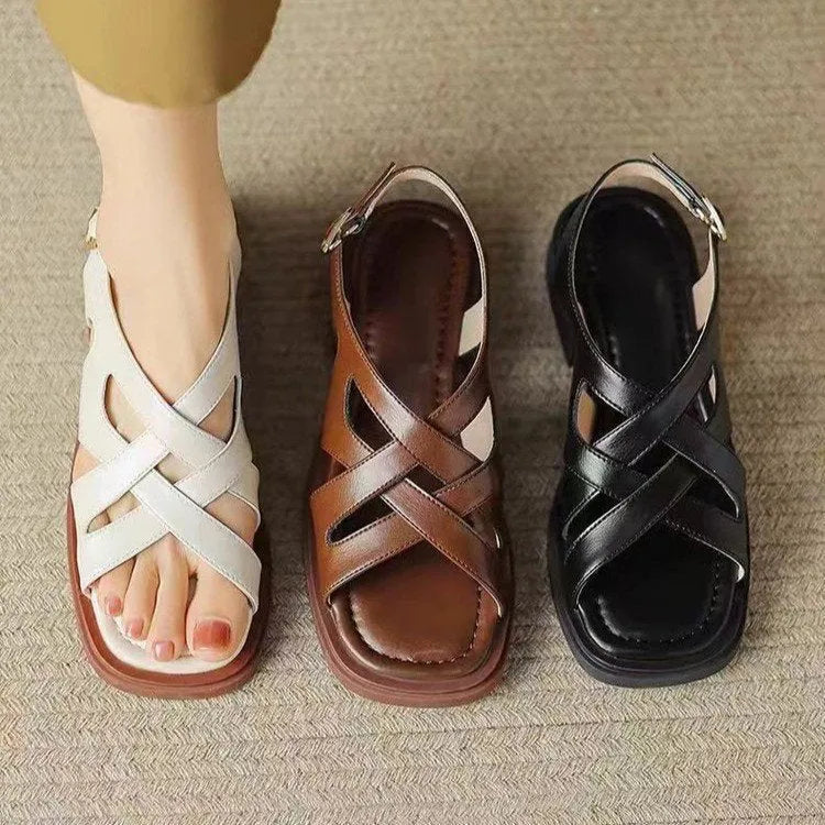 Women's patent leather beach sandals with square toe in black, brown and white colour options