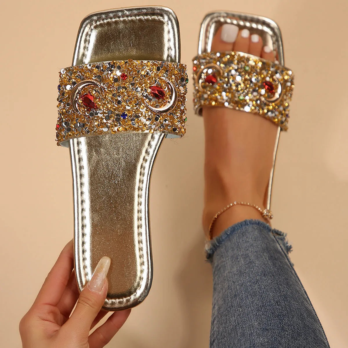 Women's gold rhinestone flat slippers with PU upper and rubber sole, size 36 to 43