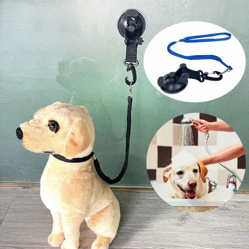 Pet bathing restraint kit showing four adjustable handcuffs with suction cup bases in black and blue colours