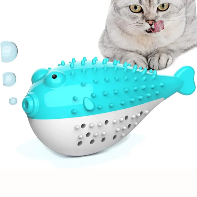 Silicone fish-shaped cat chew toy and teaser in blue, green, pink, or yellow colours measuring 12.2cm