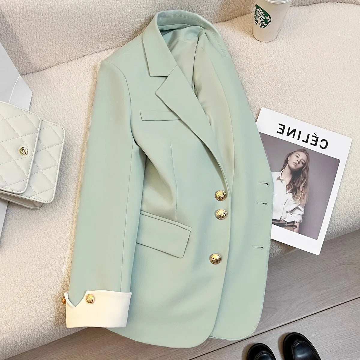 Women's Korean-style medium-length loose coat with pockets in polyester fabric