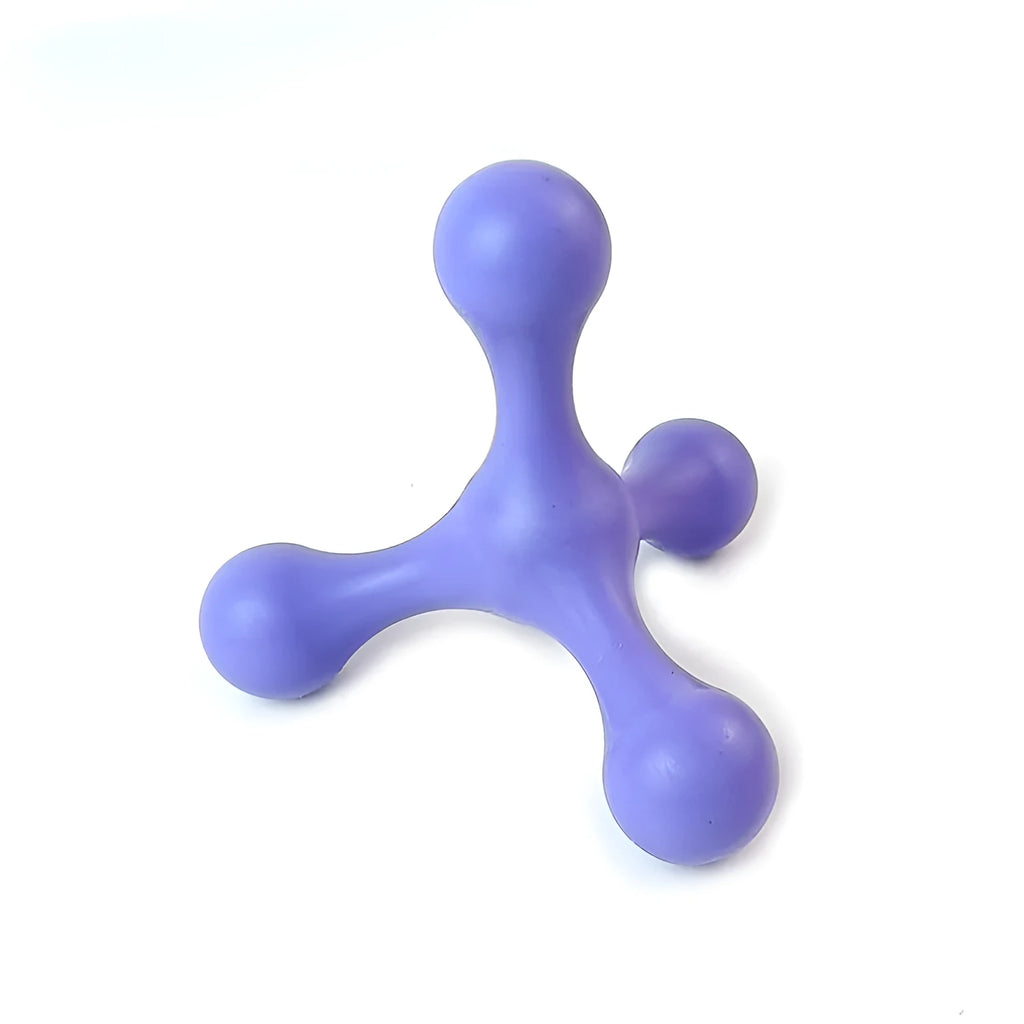 Blue three-legged silicone chew toy for small dogs on a white background.