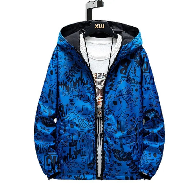 Men's loose fit reversible jacket with solid colour and flower pattern in black, front view