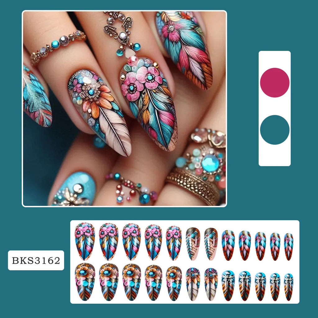Retro colourful feather wear armour nail art set with plastic tips and jelly glue burnishing stick