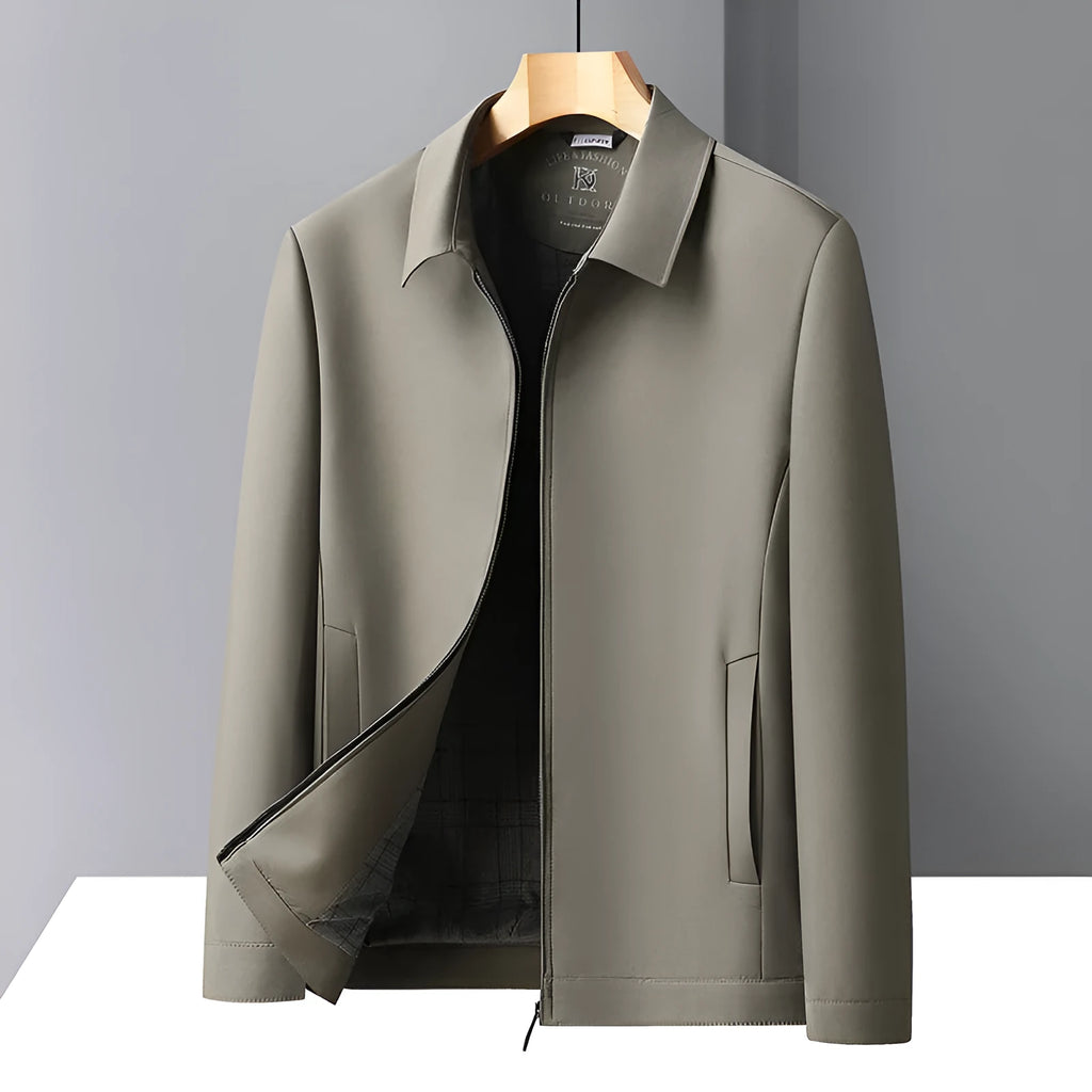 Men's solid colour casual polyester polo collar jacket loose fit side pockets navy blue front view
