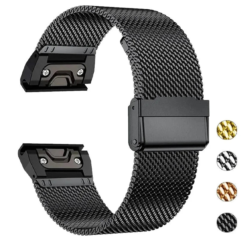 Stainless steel card holder strap for Garmin Fenix smartwatch in silver, black, gold, and rose gold.