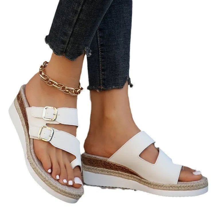 White woven patent leather wedge sandals with finger fit design and peep toe