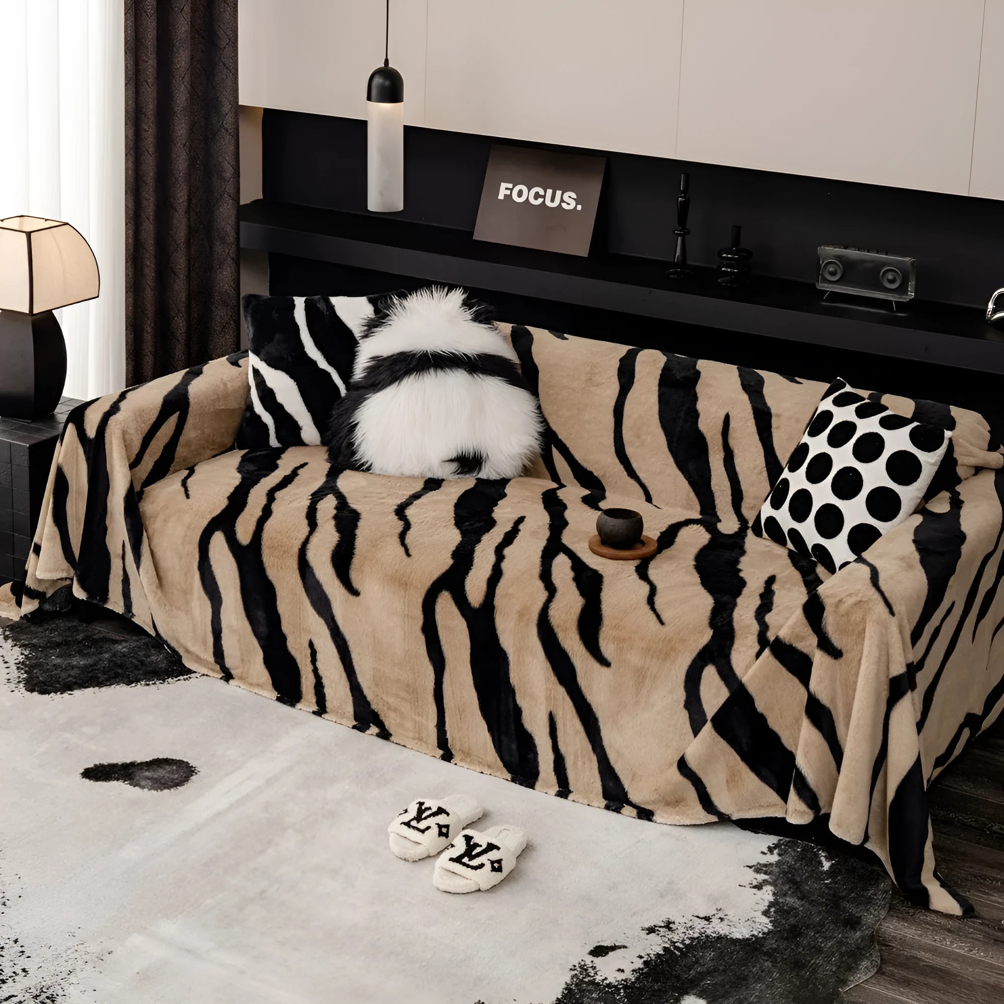 Zebra pattern flannel sofa cover in light luxury style with multiple colour and size options