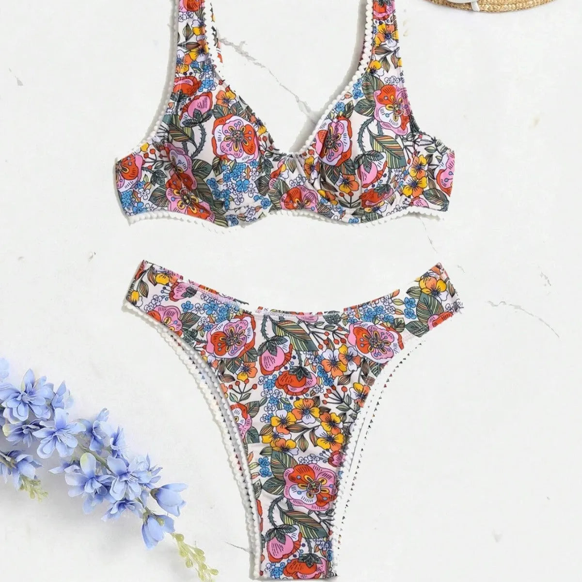 Women's printed steel bracket push-up bikini with tie-side high-waist briefs in European and American style