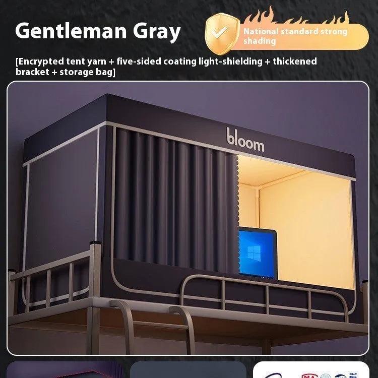 Gentleman grey bed curtains with integrated mosquito net for 0.9m beds showing five-side shading design