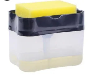 Compact plastic kitchen soap dispenser in silver, 14.5 cm tall, on a countertop