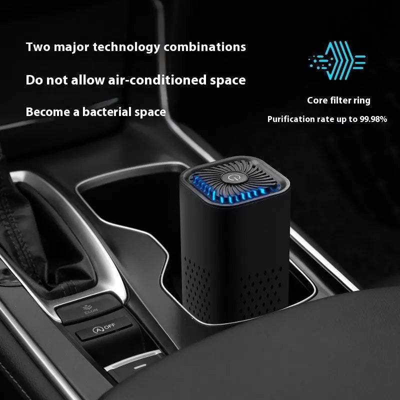 Mini car air purifier in black and white options with USB cable and filter element