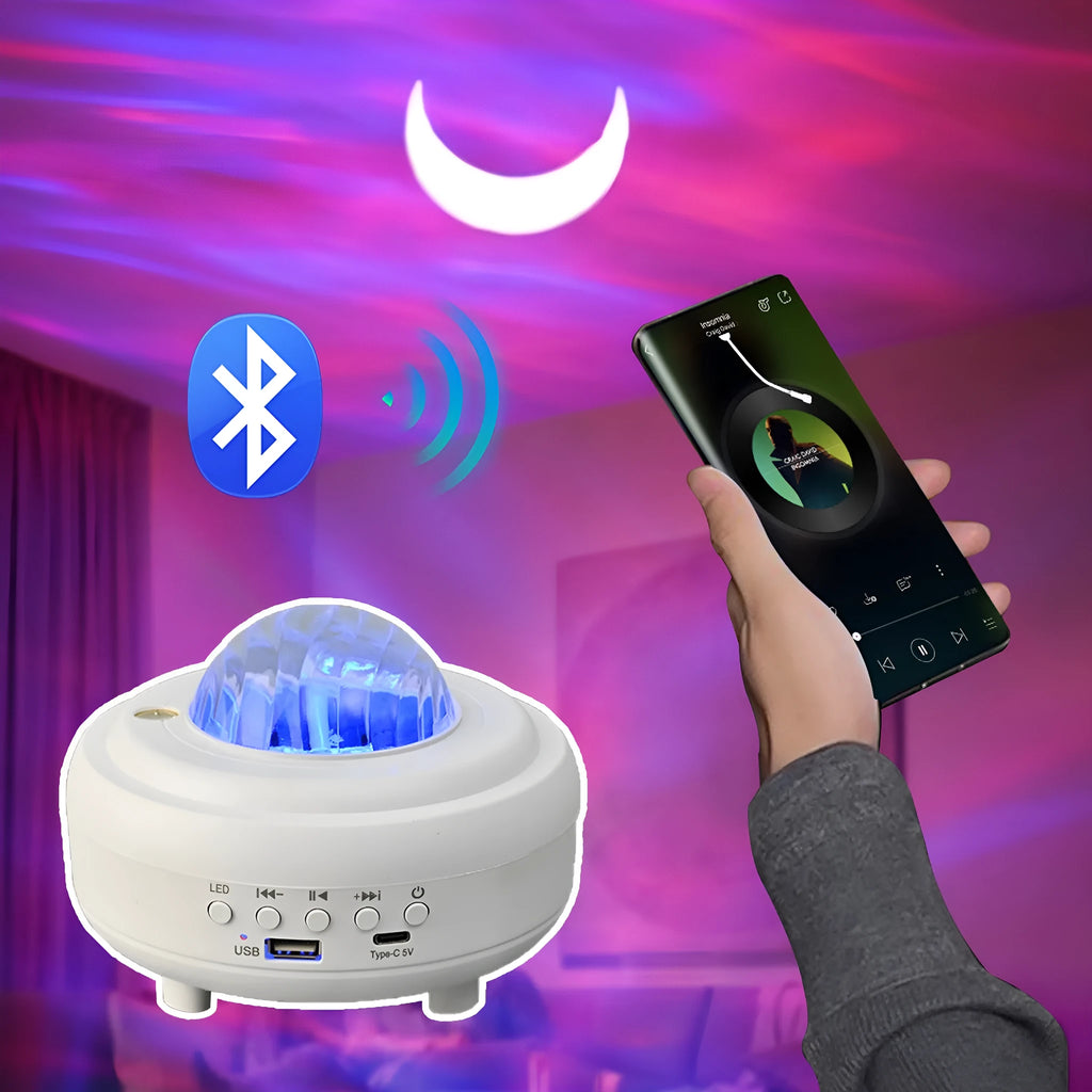 Galaxy star projector night light showing starry sky effects with 7 light patterns and a 5W speaker in white rechargeable finish