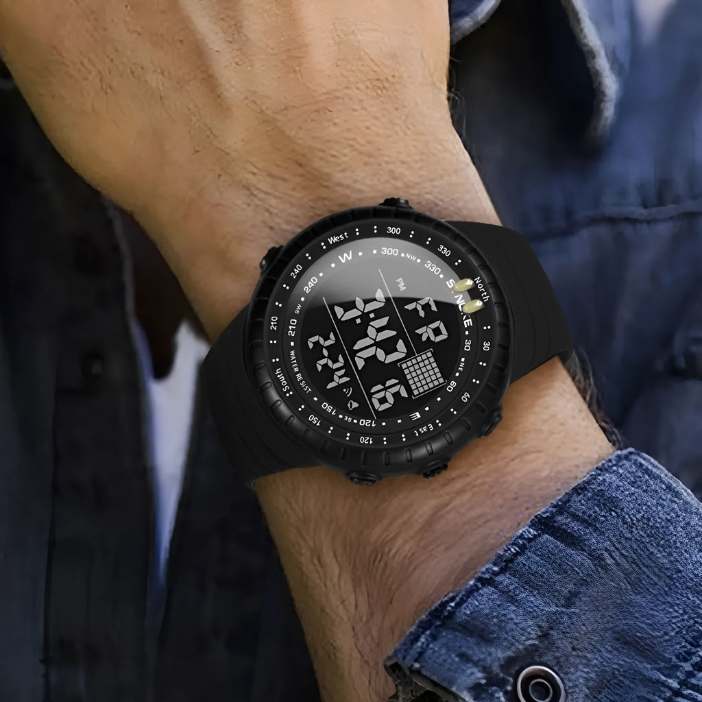 Black men's outdoor electronic watch with 54.74mm dial and WR50M waterproof rating
