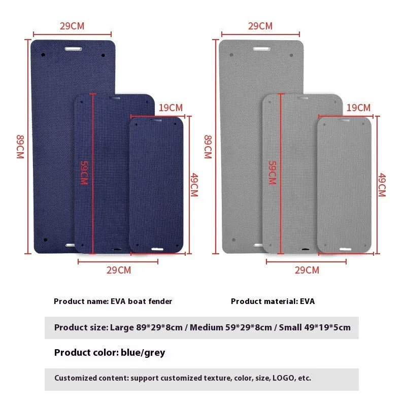 Blue and Grey EVA marine bumper fenders showing two size options for boat hull protection.