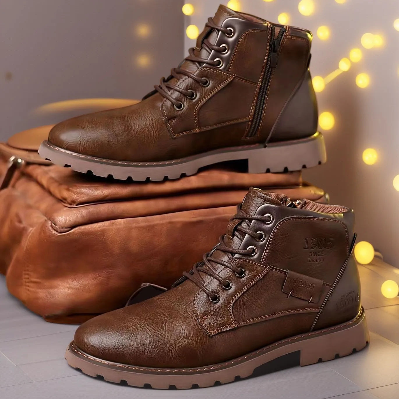 Men's black martin ankle boots with side zip, round toe, and rubber sole on a neutral background