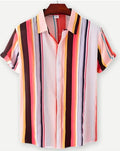 Hawaiian floral print short sleeve cardigan shirt with lapel collar in an elastic polyester fabric.